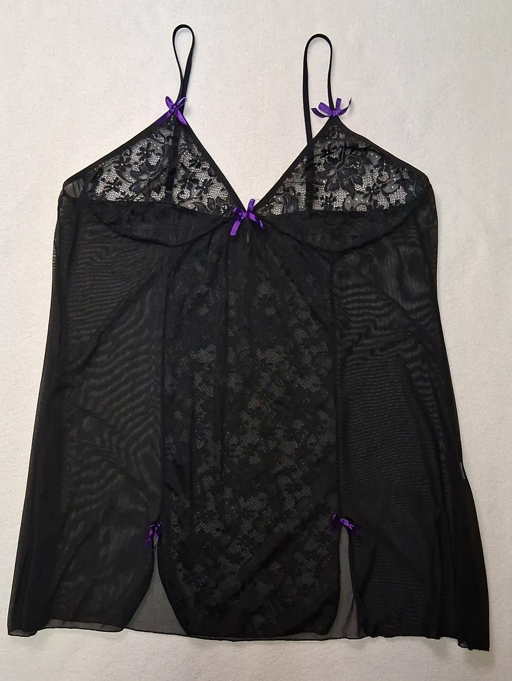 Black Lace & Mesh Chemise with Purple Accents - Women Intimates